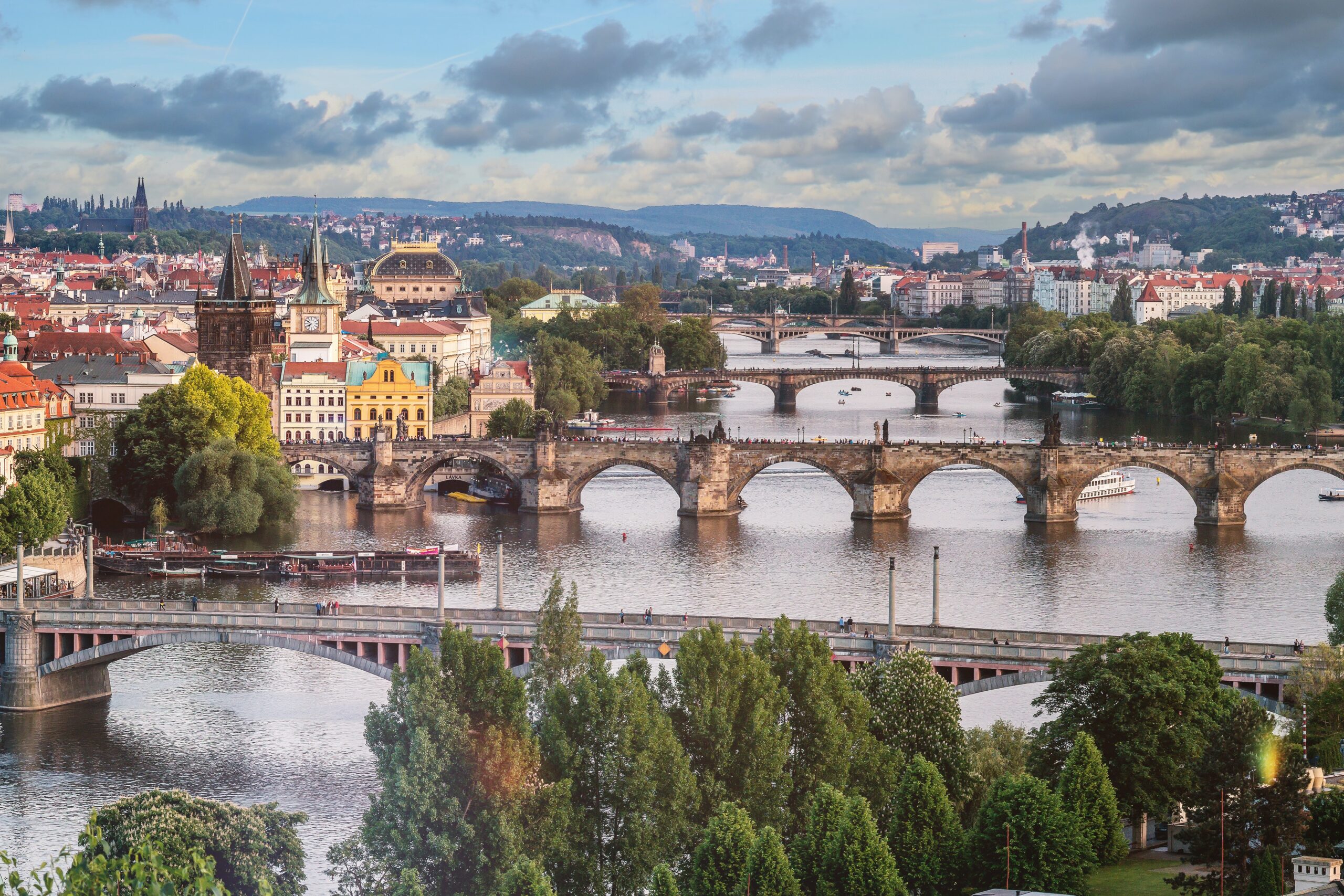Prague, Aerial View of Concrete Bridge and Buildings Surrounded by Trees
