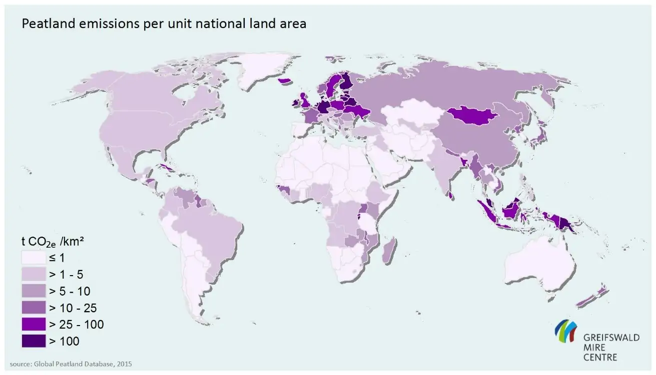 Weltkarte mit Peatland Emissions per uniti national land area